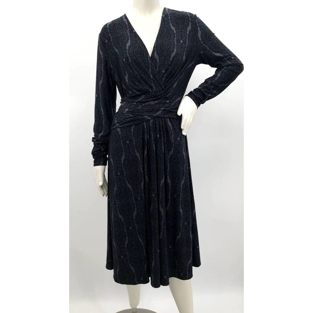 Brooks Brothers Black Gray Jersey Knit Long Sleeve Faux Wrap Midi Dress M New
